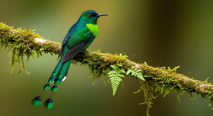 Fototapeta premium Emerald bird perched on a mossy branch in nature