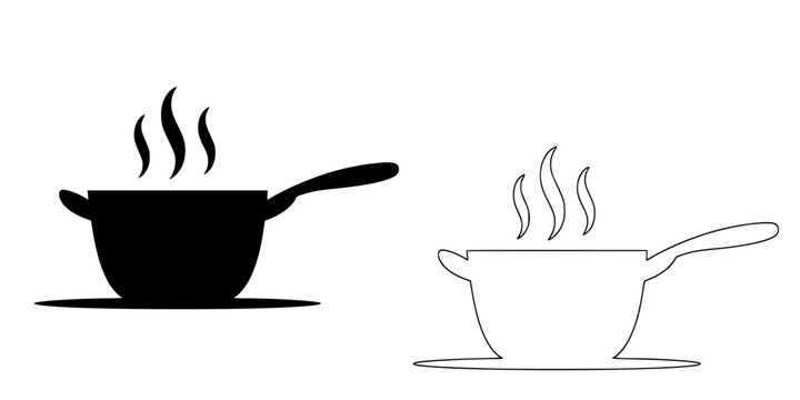 Vector Illustration of a Cooking Pot with Steam Icon in Solid Silhouette and Line Art Style, Kitchen Utensil for Food Preparation, Hot Meal Symbol, Black and White Design