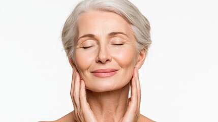 Gorgeous senior woman with closed eyes gently touching her face in a serene moment of self-care at home in natural light