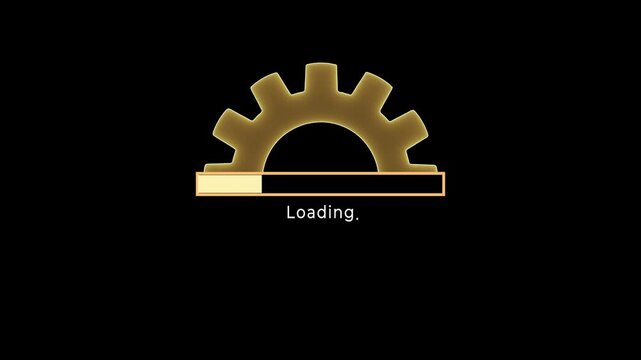 An animated neon gear icon spins above a loading bar with "LOADING..." text concept on the black background.  Represents system processing idea. Motion graphics of progress,  and digital workflow. 