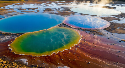Vibrant geothermal pools with steaming water and colorful mineral deposits
