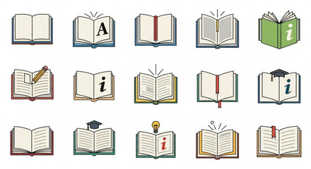 Illustration of various open book icons, showcasing different styles and symbols related to reading and knowledge