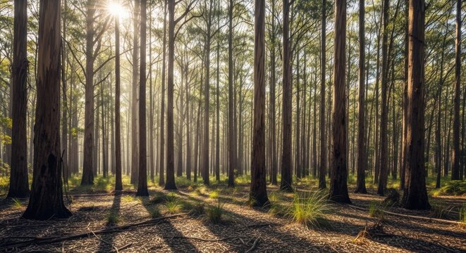 A serene forest scene with tall trees and sunlight filtering through, creating a peaceful atmosphere.