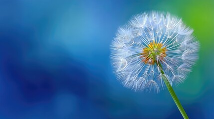 Close up Macro Photograph of a Dandelion Seed Head with Delicate White Parachutes Against a Soft Focus Blue and Green Bokeh Background with Gentle Lighting
