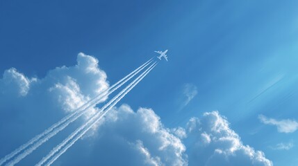 Airplane soaring through a blue sky, emitting white contrails in the sunlight on a clear day