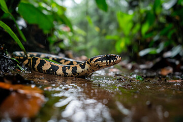 Fototapeta premium snake slithering over wet jungle vines as raindrops create ripples in the muddy path