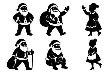 Set of santa claus and mrs claus christmas character silhouettes in various poses