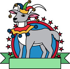 logotype of A cartoon goat wearing a clown hat