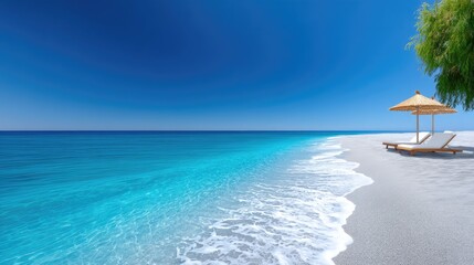 Obraz premium Bright Sandy Mediterranean Beach with Turquoise Water Under Clear Blue Sky Two Chaise Lounges and Umbrella Offer Relaxation by the Gentle Waves and Lush Green Tree on the Shore