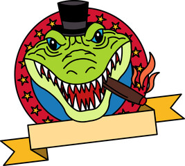 logotype of A cartoon crocodile with a hat and a cigar in its mouth