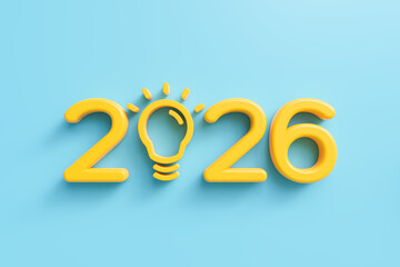 yellow light bulb and  year numbers 2026 on blue background, implementation of business goals plan, symbolizing new ideas for startups. 3d render	