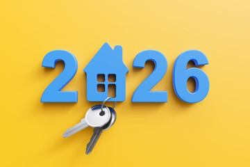 blue 2026 New Year design template with silver keys and an abstract house symbol on yellow background . 3D render