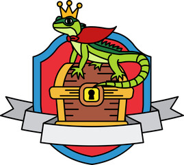 logotype of A cartoon lizard is wearing a crown and standing on top of a treasure chest