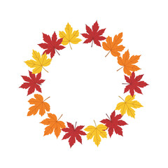 A circular wreath made of colorful autumn maple leaves in red, orange, and yellow.