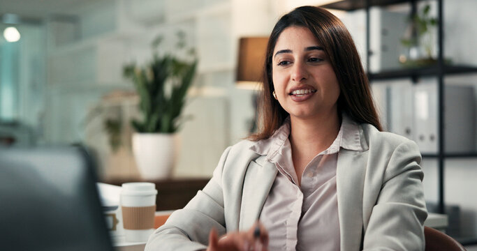 Video call, discussion or Indian woman in office with tech, advisory or feedback in client chat. Digital, network or consultant in agency with laptop, online meeting or report update for stakeholder.