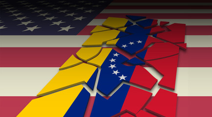 Naklejka premium Vector political 3D banner. Flag of United States of America and broken flag of Bolivarian Republic of Venezuela. Washington and Caracas. Shards and parts