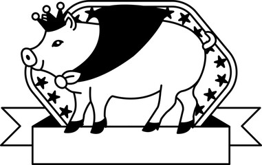 black and white logotype of A cartoon pig wearing a crown and cape