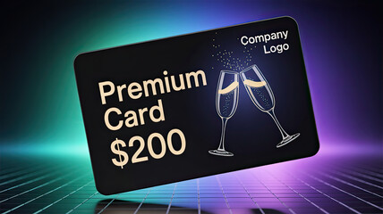 Premium card showing $200 value with champagne glasses illustration  