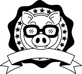 black and white logotype of A pig wearing 3D glasses