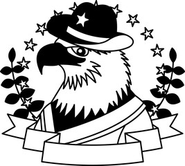 black and white logotype of A cartoon eagle wearing a cowboy hat and a vest
