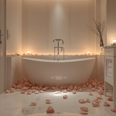 Elegant white bathroom designed to evoke a luxury romantic zen atmosphere, adorned with rose petals and candles.