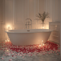 Elegant white bathroom designed to evoke a luxury romantic zen atmosphere, adorned with rose petals and candles.