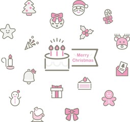 Cute Christmas Icon Set Santa, Cake, Ribbon