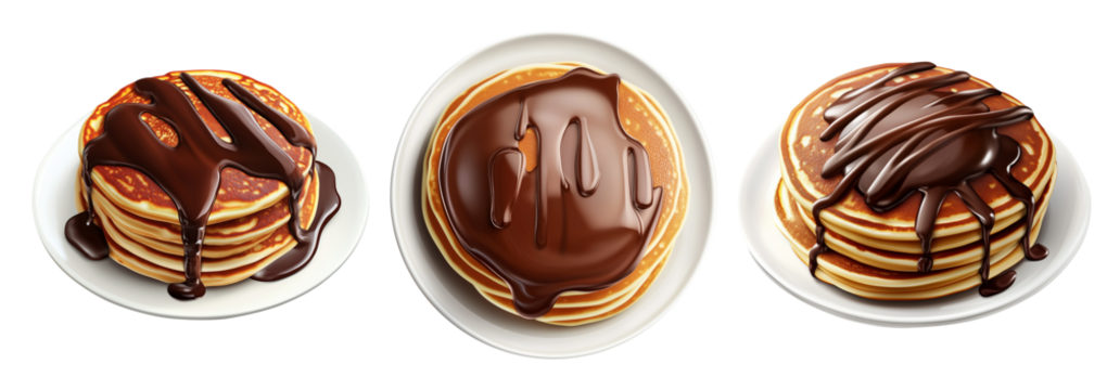 Stack of golden pancakes covered in thick chocolate syrup, isolated on white background, concept of sweet breakfast