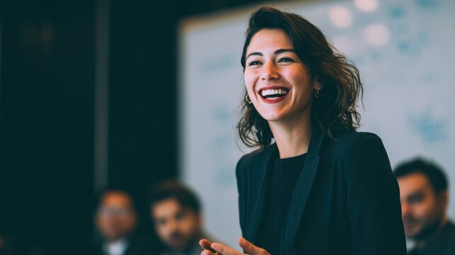 Confident female executive delivers a successful business presentation in a modern conference room at midday, engaging her audience with enthusiasm and skill