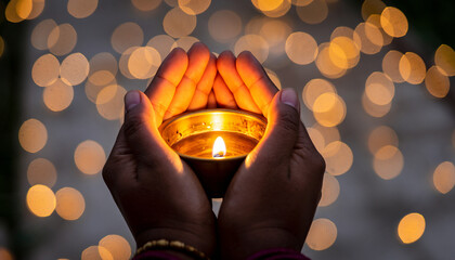 Close-up of hands holding a glowing oil lamp (diya) surrounded by soft bokeh lights