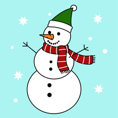 “Cute Snowman Icon in Winter Christmas Theme with Scarf and Hat — Flat Cartoon Vector Illustration”