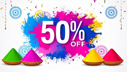 Vector illustration of colorful powder splashes forming “50- OFF” text