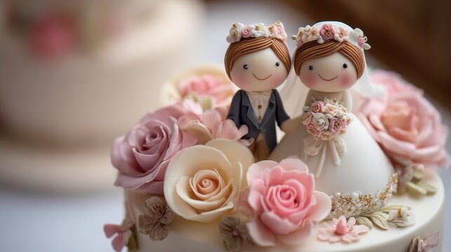 Beautiful figurines of a bride and groom adorn a wedding cake, capturing the joy and sweetness of love during a special celebration filled with floral decorations