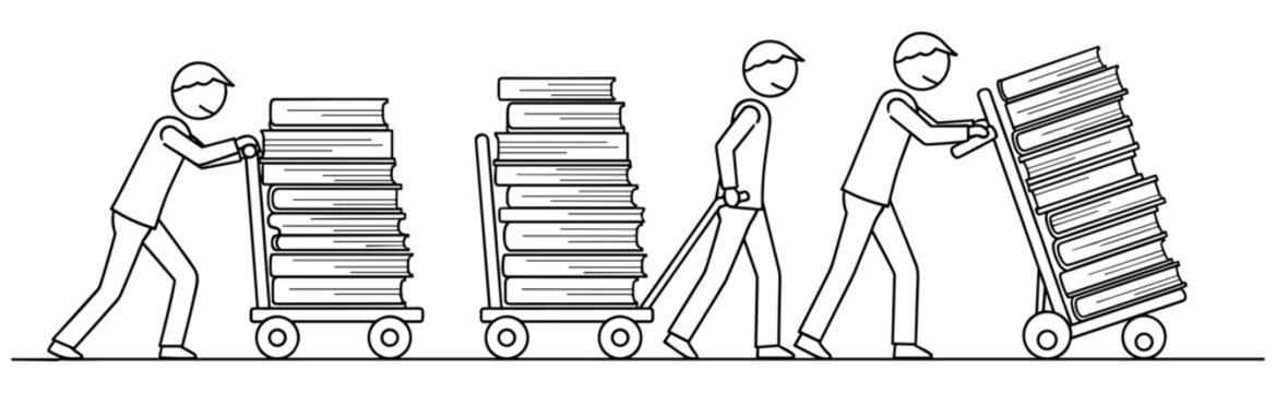 Book transport illustration in black and white line art showing stick figures moving stacked books using carts and hand trucks