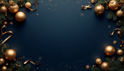Minimalist Luxury Christmas Background in Deep Navy Blue and Gold with Subtle USA Flag Wave and Golden Decorations