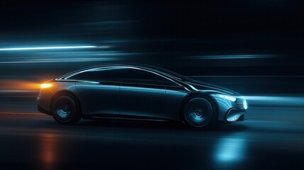 Obraz premium Sleek futuristic car speeds through dark streets with a striking motion blur creating a dynamic visual experience