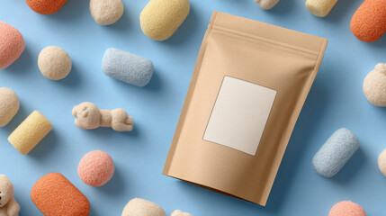 Delightful mock up of pet treat food bag with blank label. Colorful snack and modern packaging on simple blue background for branding