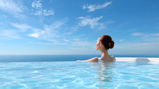 Calm woman enjoying luxury vacation, relaxing in minimalist infinity pool overlooking tranquil tropical ocean under beautiful blue sky
