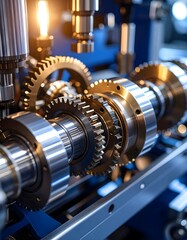 Detailed Close-Up of Industrial Gears and Machinery with Bright Lighting