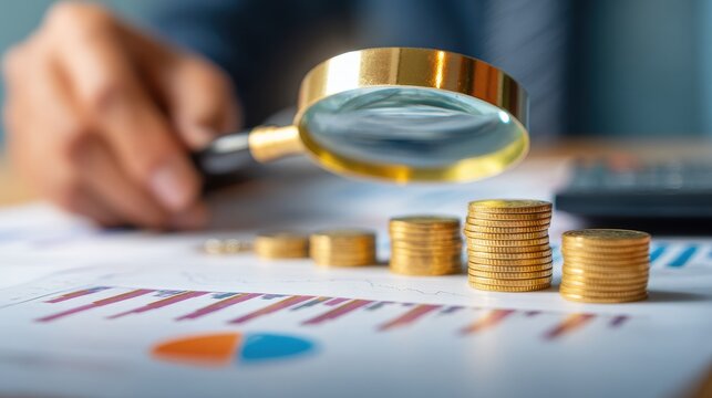Business audit and financial management analysis highlighting growth trends and performance metrics using magnifying glass and visual data representation