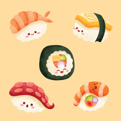 Cute cartoon sushi characters with smiling faces, including shrimp, tamago, octopus nigiri, and a maki roll, on a light background.