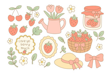 Strawberry flower cute cottagecore summer vector illustration with vintage bow and floral. Fruit sticker set for spring in soft pink harvest.