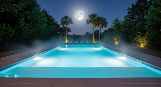 A serene nighttime pool scene with a full moon and palm trees, illuminated by warm lights.