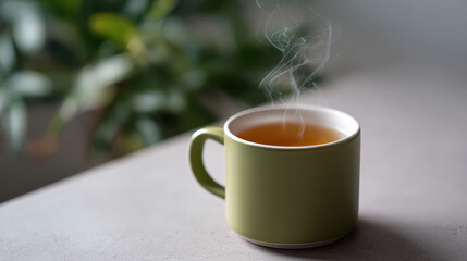 Relaxing hot tea beverage in green ceramic mug with rising steam. warm, cozy cup of drink on table creating calm, comfortable mood
