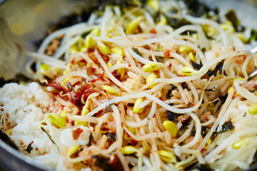 Bean sprout bibimbap in a bowl