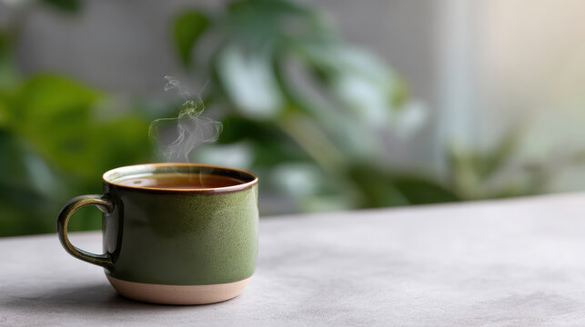 Steaming green ceramic mug of hot herbal tea on table, relaxing and cozy morning drink. Calm moment with warm beverage and plant