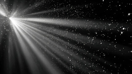 Dramatic abstract light beam cutting through dark black space. Mysterious glimmering ray illuminating floating dust particle on background