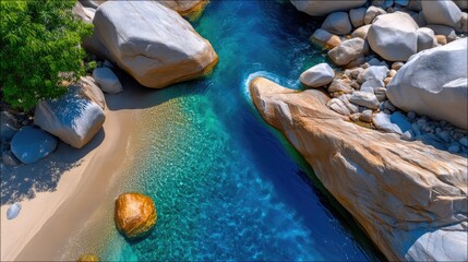 Crystal Clear Water Flows Through Rocky Stream Bed With Sandy Shore and Lush Green Foliage Under Bright Sunlight