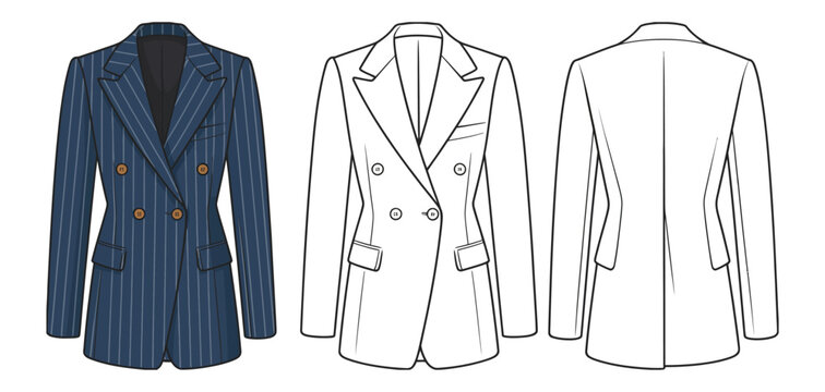 Men&rsquo;s formal blazer jacket CAD flat vector illustration featuring double-breasted pinstripe design, tailored business suit outerwear template for fashion design, garment pattern, and apparel presentat