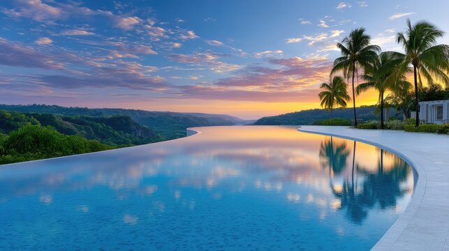 Curving infinity pool at sunset reflecting colorful sky and tropical palm trees overlooking lush green hills and a distant body of water under a dramatic cloudscape